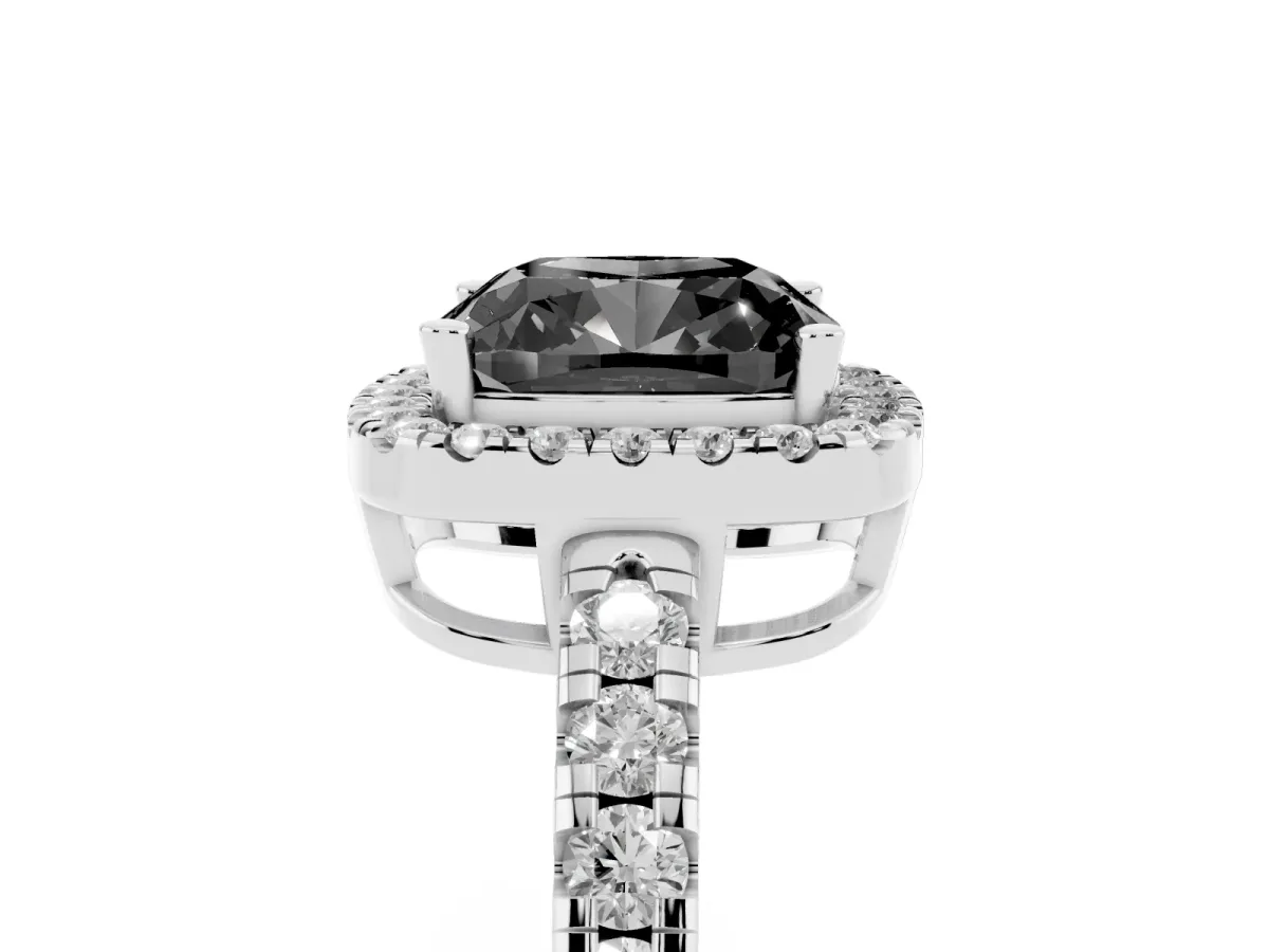 Fancy Black Cushion Cut Diamond Halo Ring with Pavé Band and Four-Prong Setting Platinum