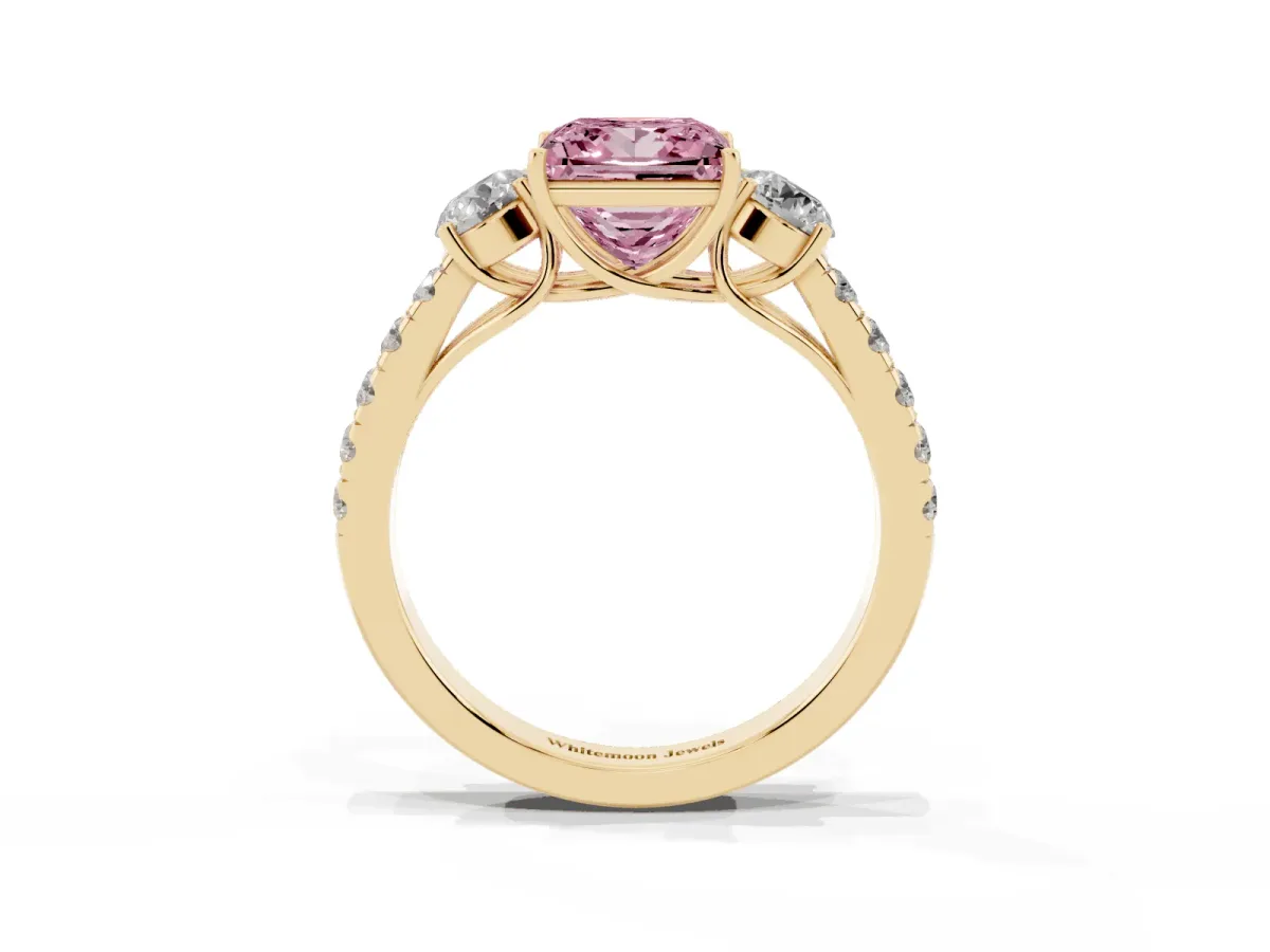 Fancy Pink Princess Cut Cut Diamond Three-Stone Ring with Round Side Stones and Pavé Band Yellow gold