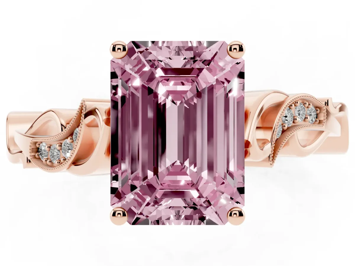 Fancy Pink Emerald Cut Solitaire Vine Band with Milgrain Prong Setting Rose gold