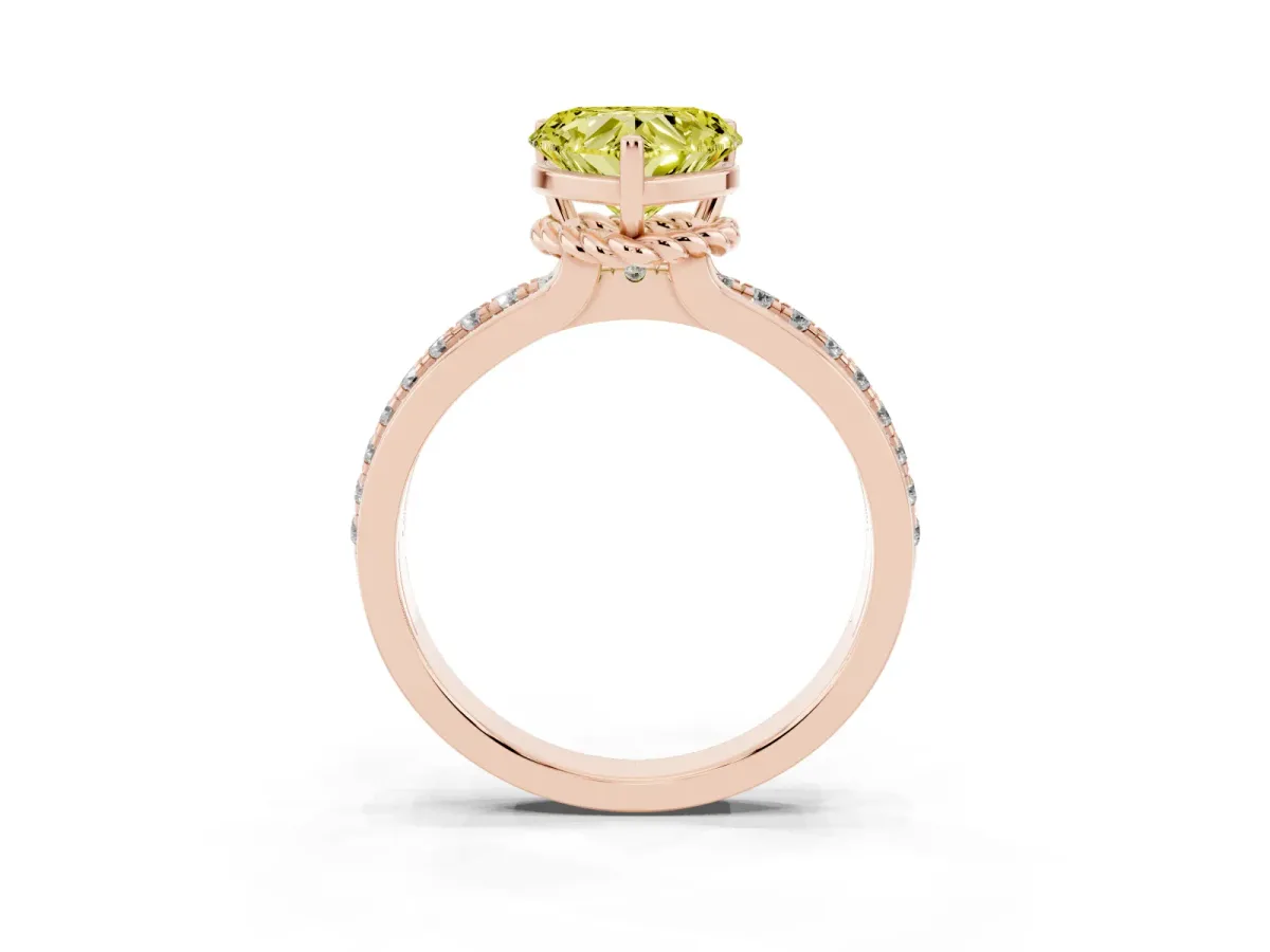 Fancy Yellow Heart Cut Solitaire Diamond Ring with Channel Set Band and Six-Prong Setting Rose gold