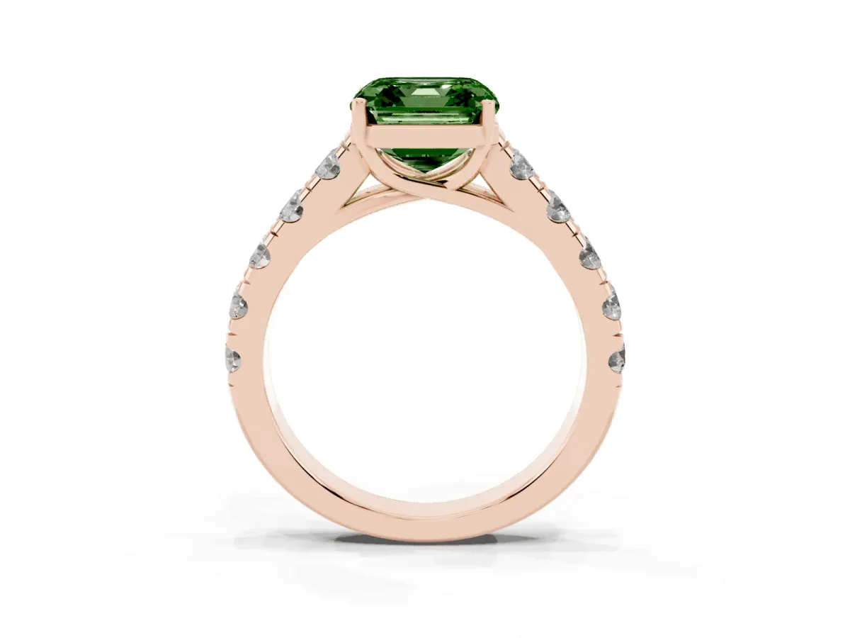 Fancy Green Asscher Cut Cut Diamond Solitaire Ring with Micro Pave Band and Prong Setting Rose gold