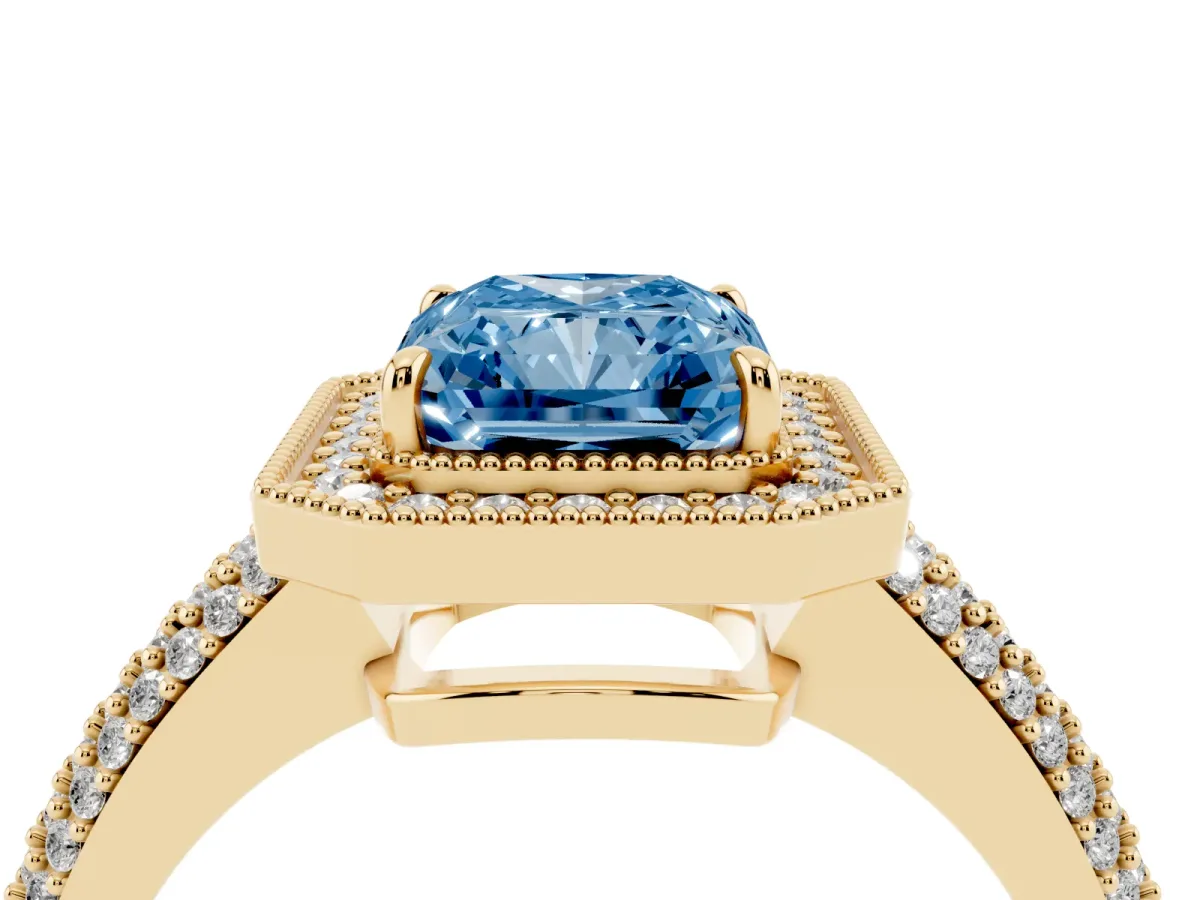 Fancy Blue Radiant Cut Cut Halo Diamond Pave Band with Four-Prong Setting Yellow gold