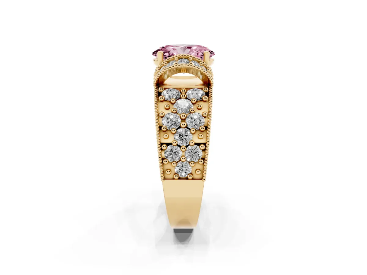 Fancy Pink Oval Cut Halo Pave Diamond Engagement Ring with Milgrain Detailing Yellow gold