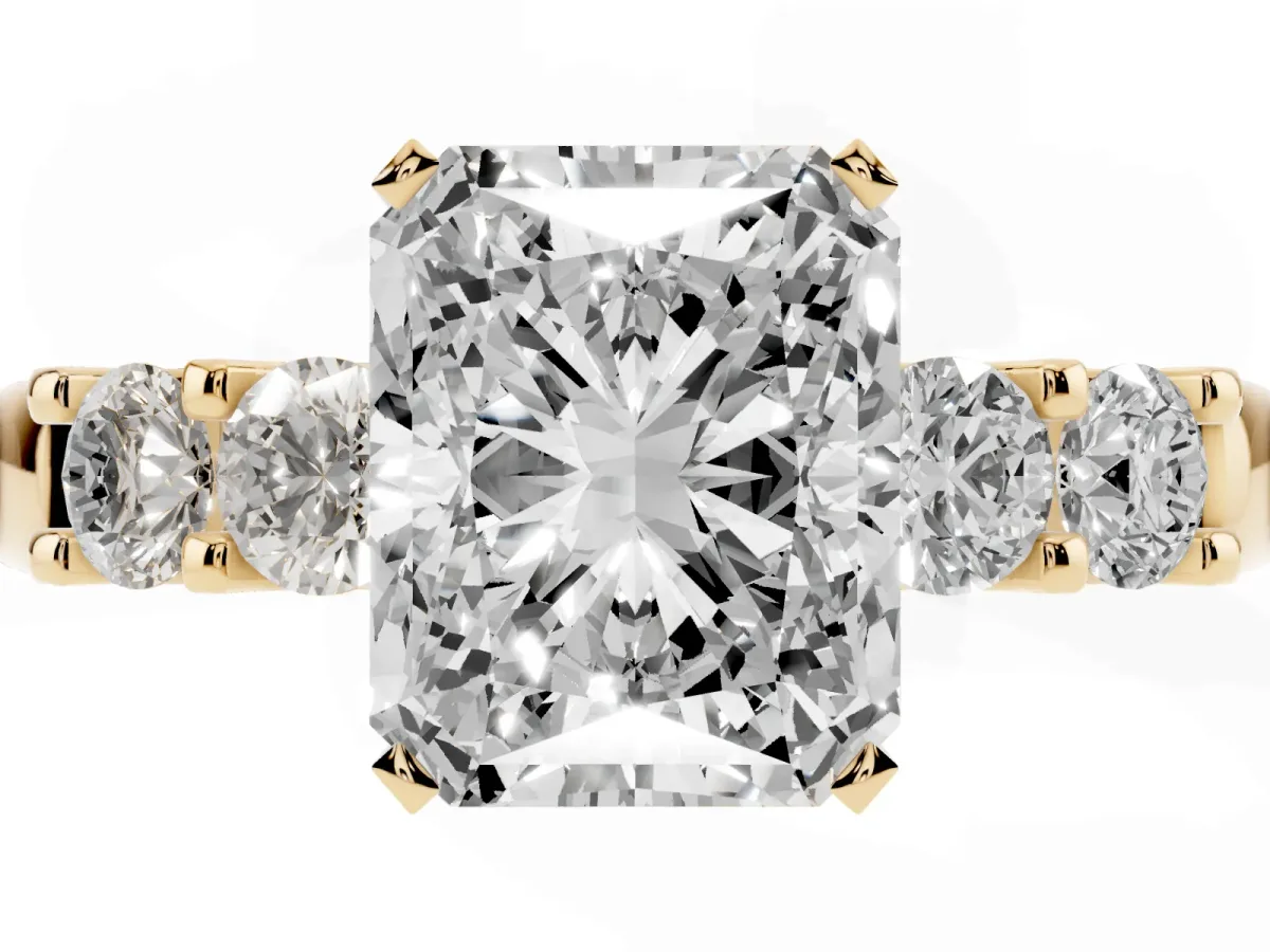 Radiant Cut Brilliant Cut Diamond Five-Stone Prong Set Engagement Ring with Channel Band Yellow gold