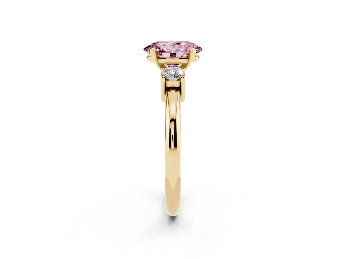 Fancy Pink Three-Stone Oval Cut Cut Diamond Solitaire with Prong Setting and Classic Band Yellow gold