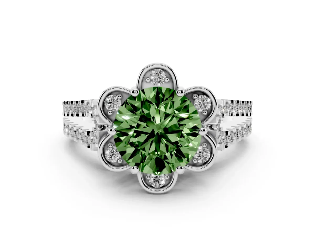Fancy Green Round Cut Halo Diamond Floral Split Shank Engagement Ring Silver