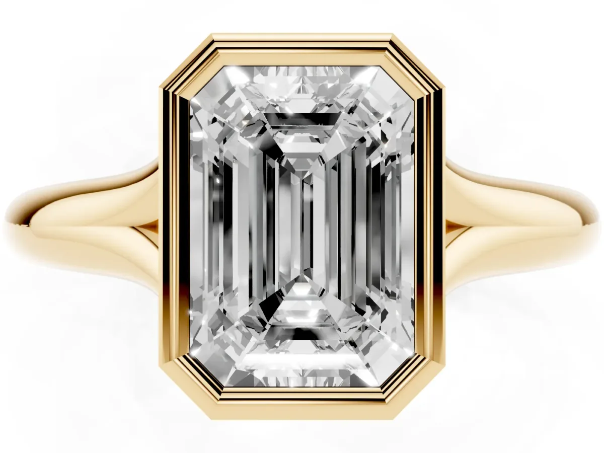Bezel Set Emerald Cut Solitaire Diamond Ring with Smooth Band Yellow gold