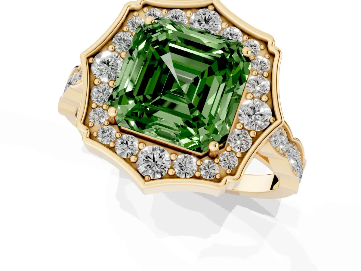 Fancy Green Asscher Cut Halo Diamond Engagement Ring with Milgrain Band and Four-Prong Setting Yellow gold