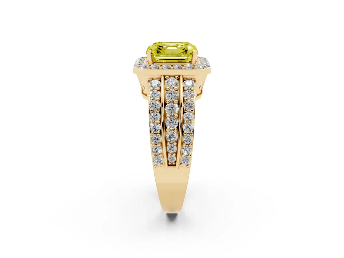Fancy Yellow Asscher Cut Halo Diamond Ring with Round Split Shank and Prong Setting Yellow gold