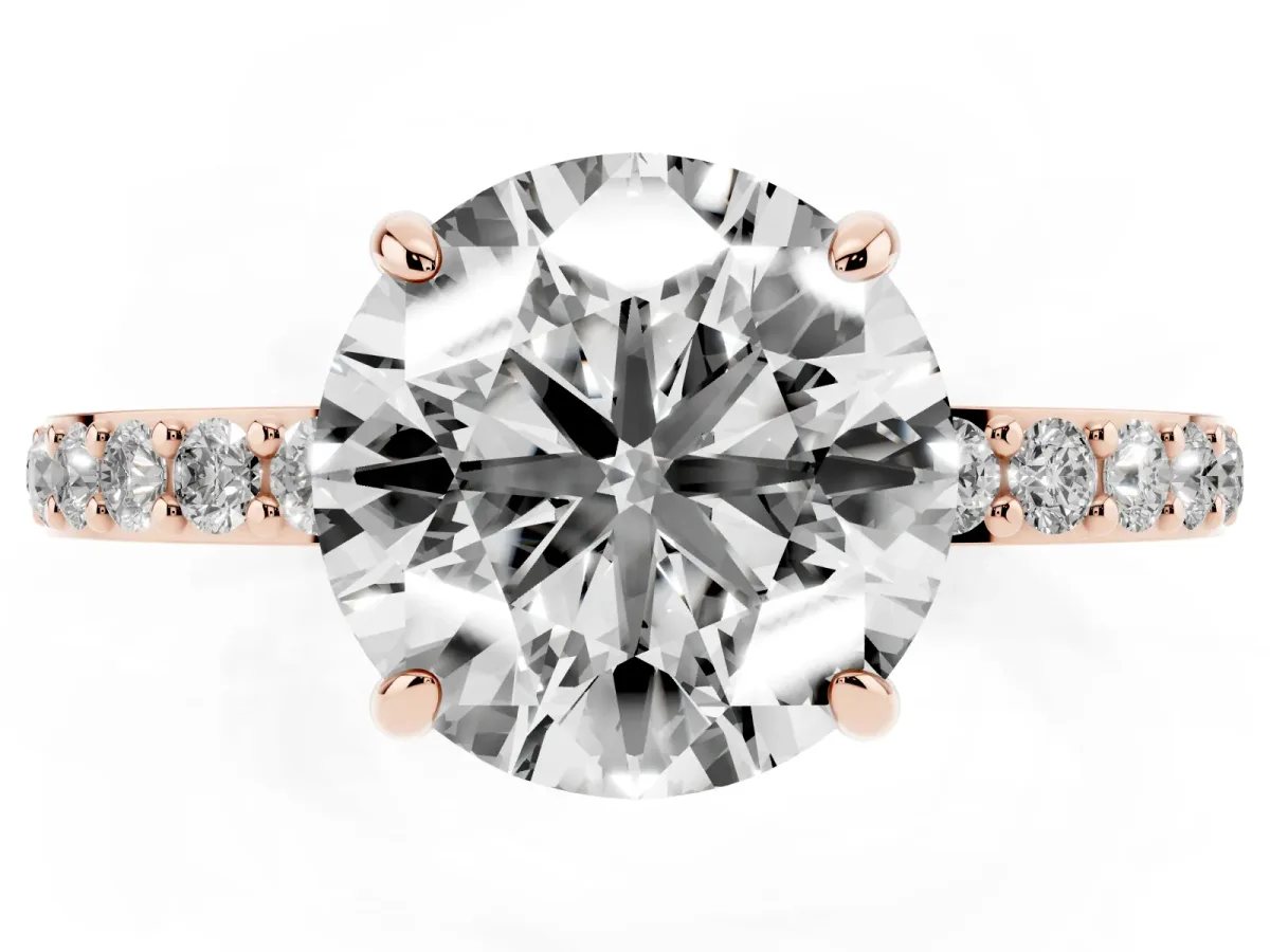 Round Cut Diamond Pavé Engagement Ring with Round Accents and Prong Setting Rose gold