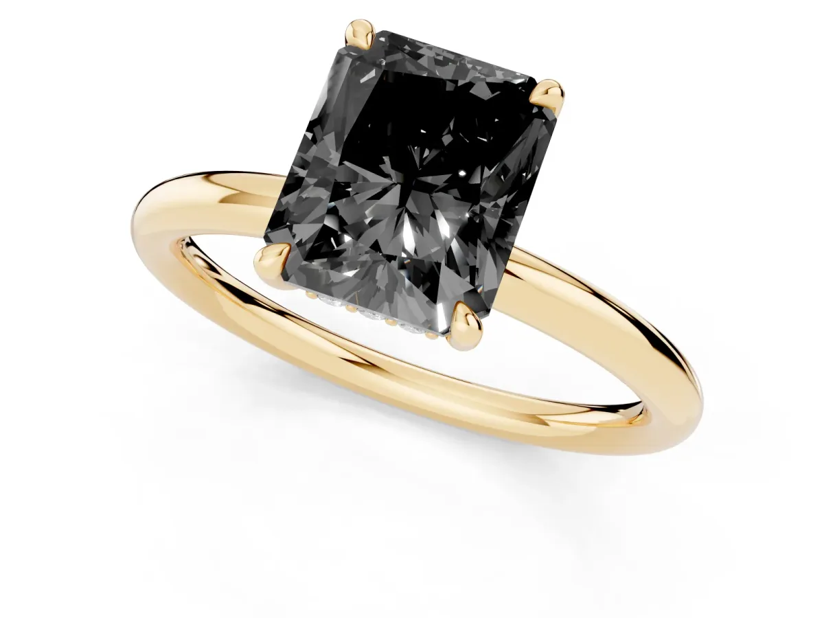 Fancy Black Radiant Cut Diamond Solitaire Ring with Thin Band and Four-Prong Setting Yellow gold