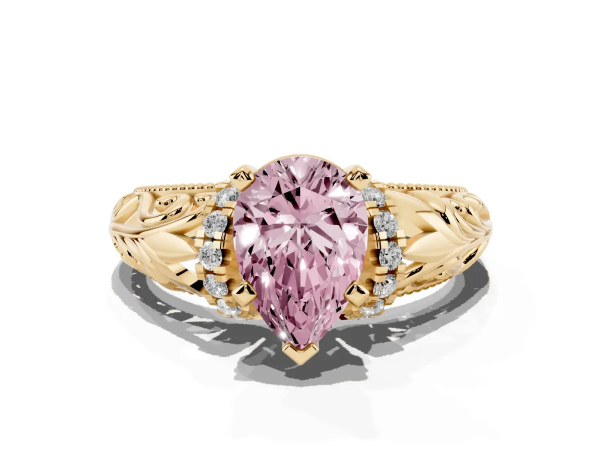 Fancy Pink Pear Cut Solitaire Filigree Engagement Ring with Halo and Prong Setting Yellow gold