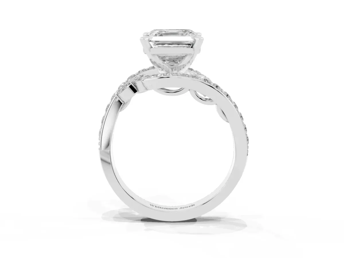 Asscher Cut Solitaire with Pavé Twist Band and Four-Prong Setting Silver