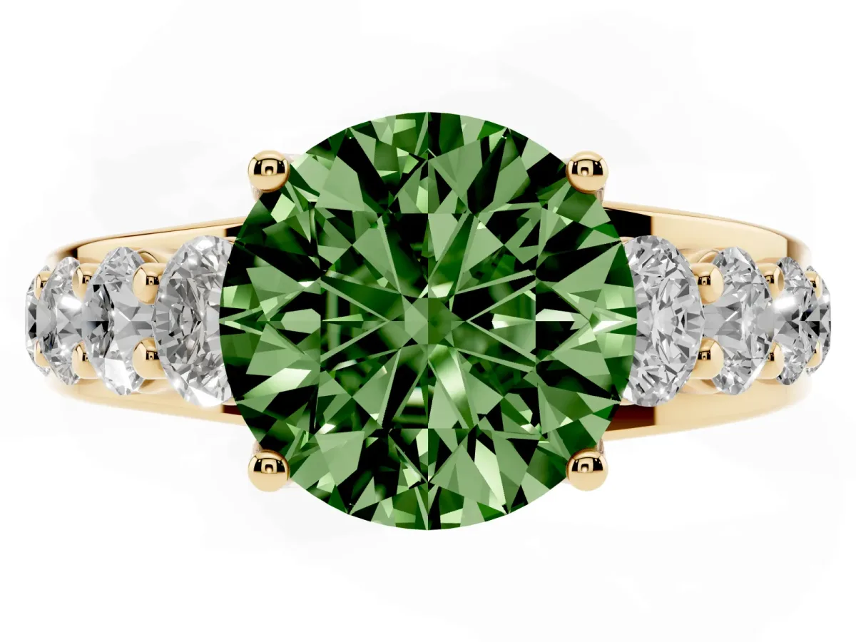 Fancy Green Round Cut Diamond Engagement Ring with Pavé Band and Four-Prong Setting Yellow gold