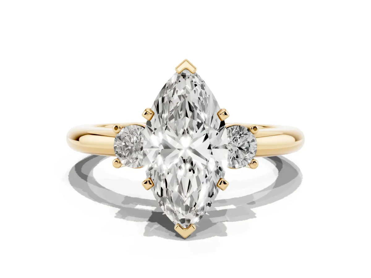 Three-Stone Marquise Cut Cut Diamond Solitaire with Prong Setting and Classic Band Yellow gold