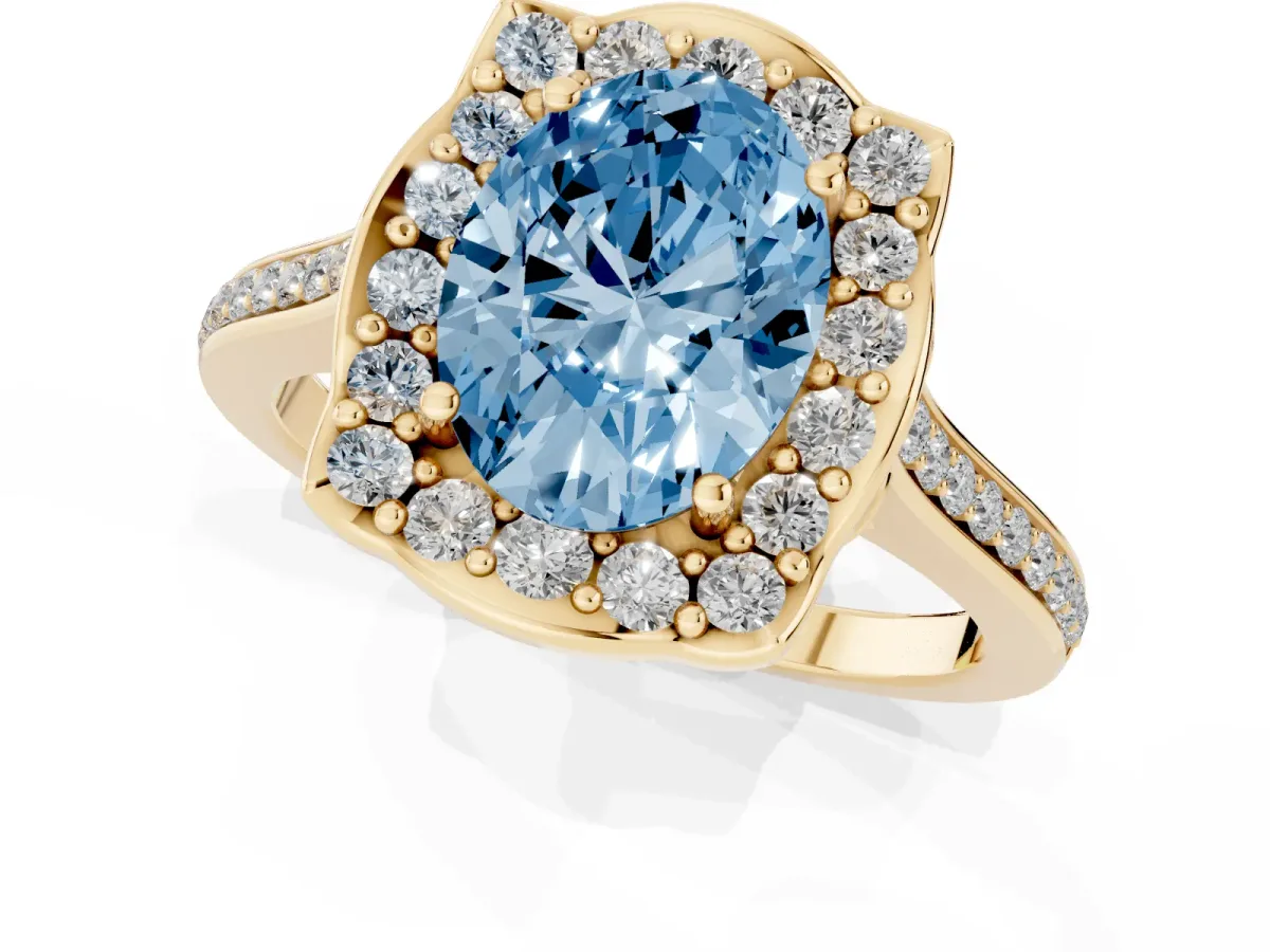 Fancy Blue Oval Cut Halo Round Diamond Pave Band with Four-Prong Setting Yellow gold