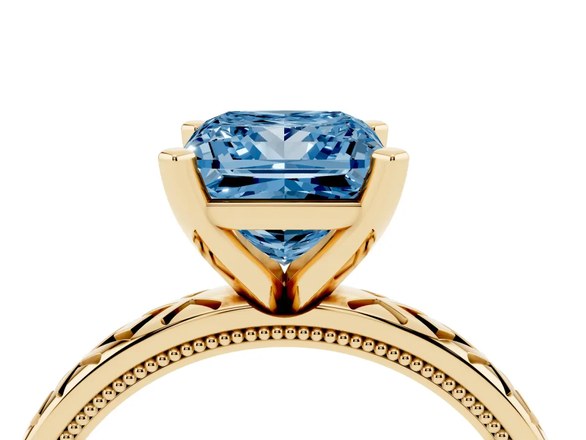 Fancy Blue Princess Cut Solitaire Diamond Ring with Milgrain and Black Enamel X Pattern Band Yellow gold