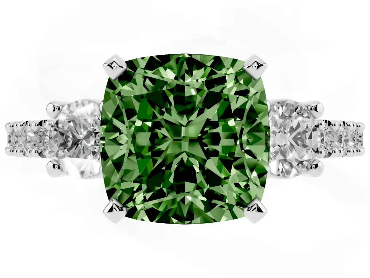 Fancy Green Cushion Cut Three-Stone Diamond Pavé Band with Prong Setting Silver