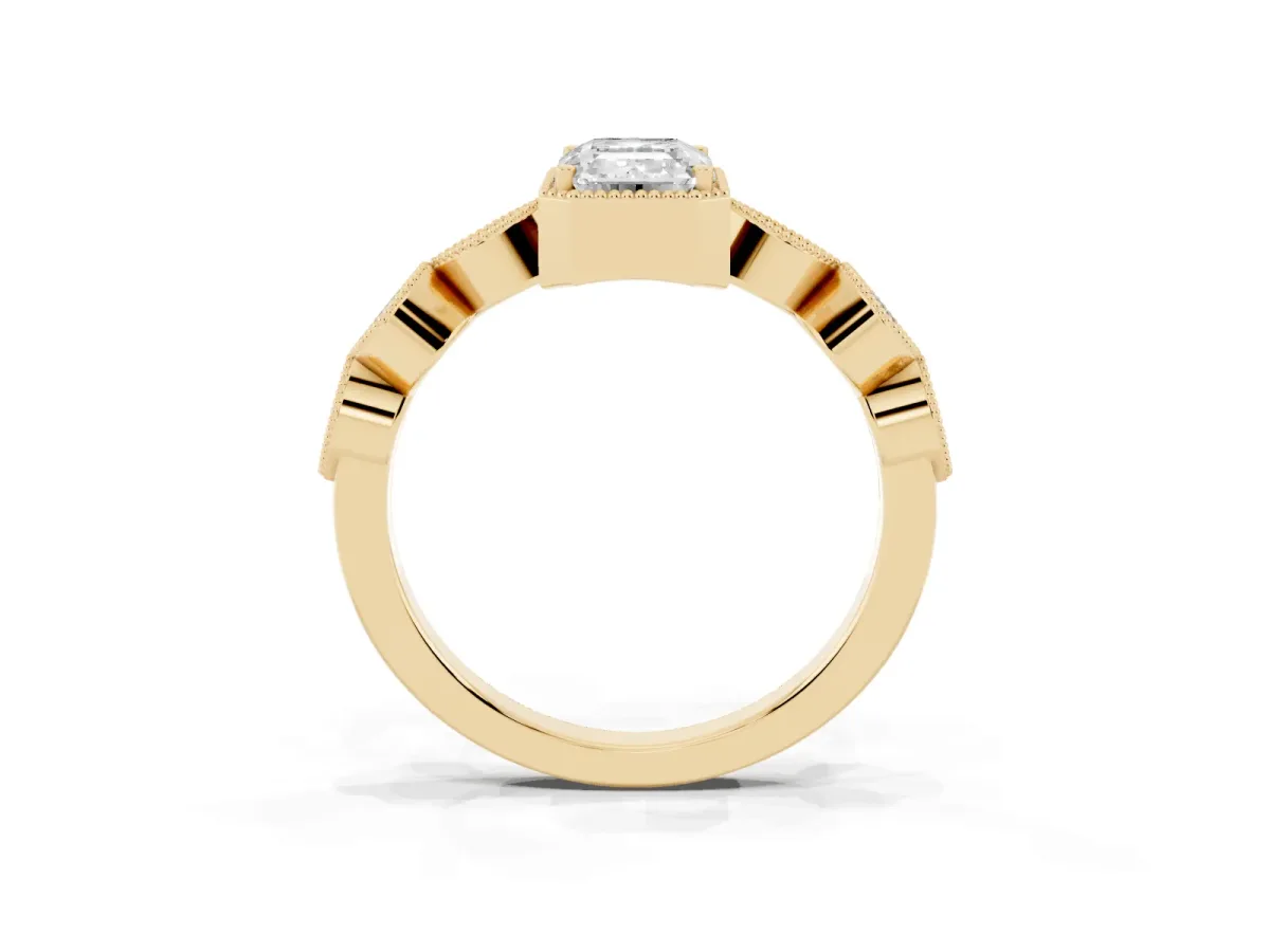 Emerald Cut Diamond Vintage Milgrain Ring with Round Stations Yellow gold