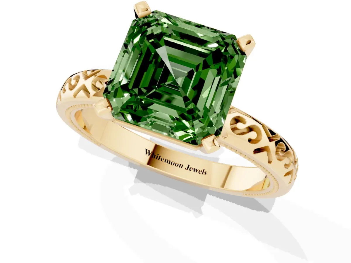 Fancy Green Asscher Cut Solitaire Engagement Ring with Scrollwork Band and Four-Prong Setting Yellow gold