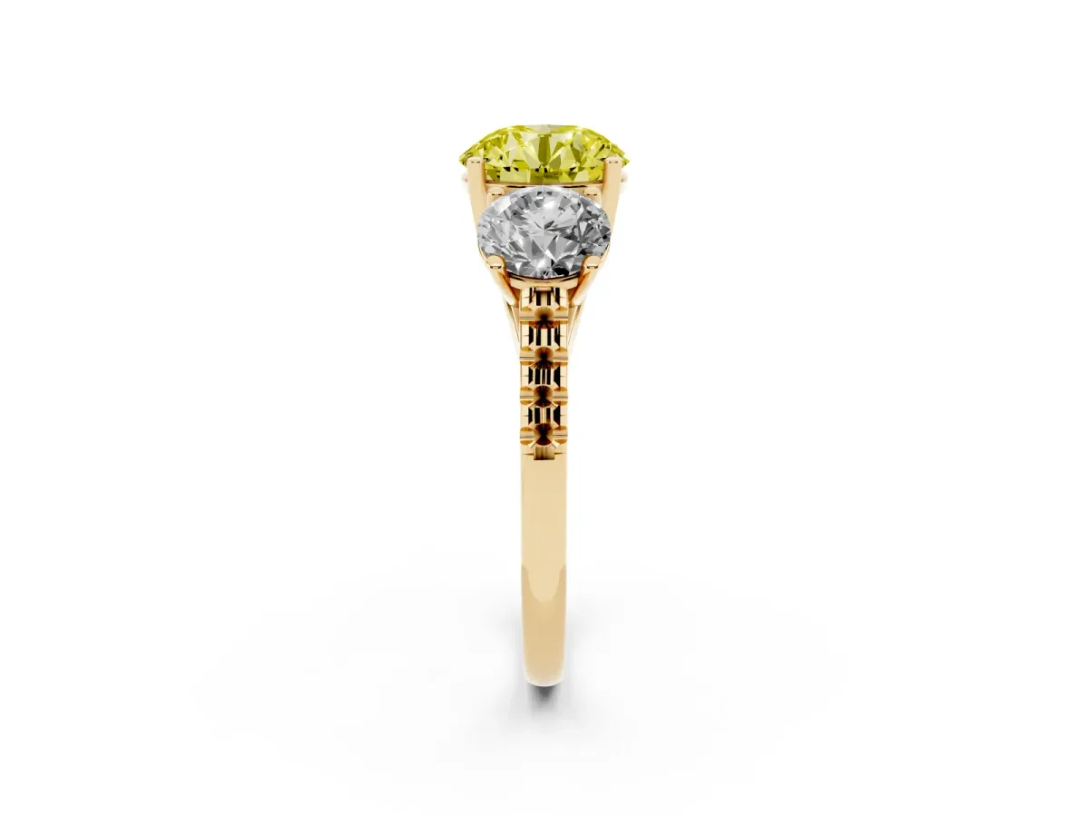 Fancy Yellow Three-Stone Round Cut Diamond Ring with Round Pavé Band and Prong Setting Yellow gold