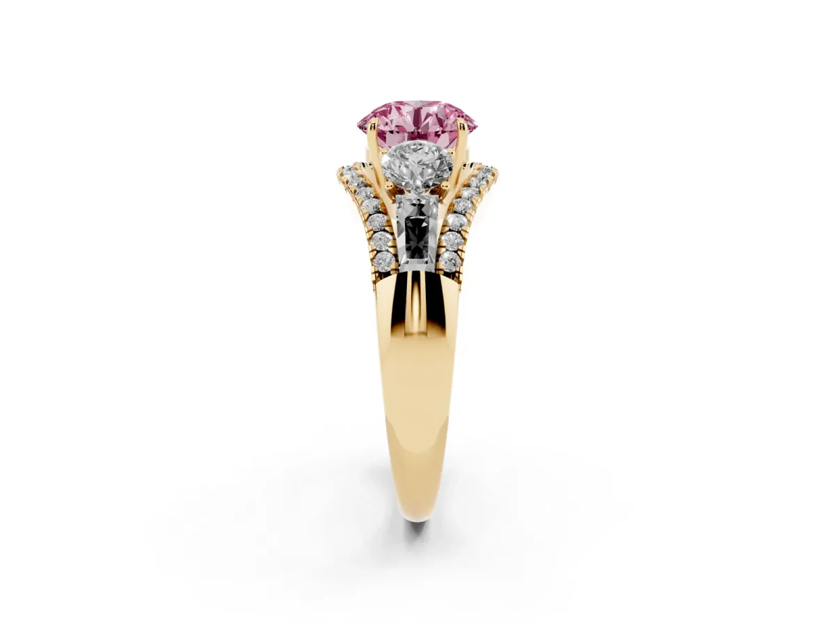 Fancy Pink Three-Stone Round Cut Diamond Engagement Ring with Pave Band and Prong Setting Yellow gold