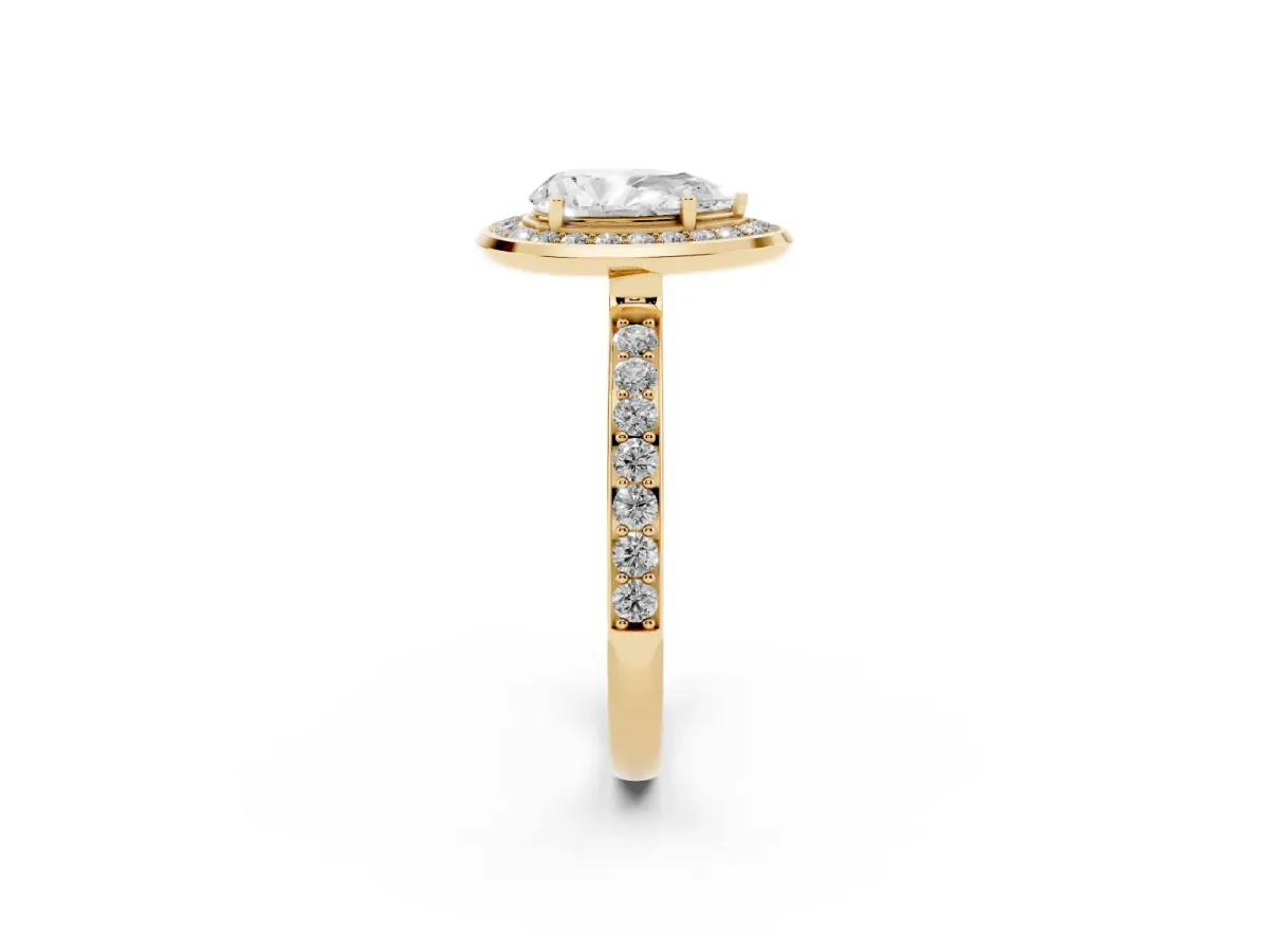 Pear Cut Diamond Halo Ring with Bezel Frame and Pavé Band Yellow gold