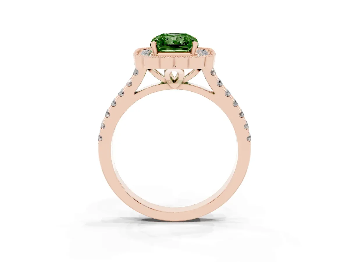 Fancy Green Radiant Cut Cut Diamond Milgrain Floral Halo Engagement Ring with Pavé Band Rose gold