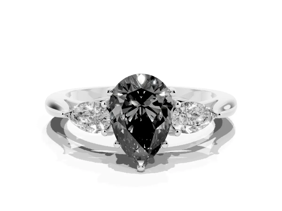 Fancy Black Pear Cut Diamond Three-Stone Ring with Pear Side Stones and Prong Setting Platinum