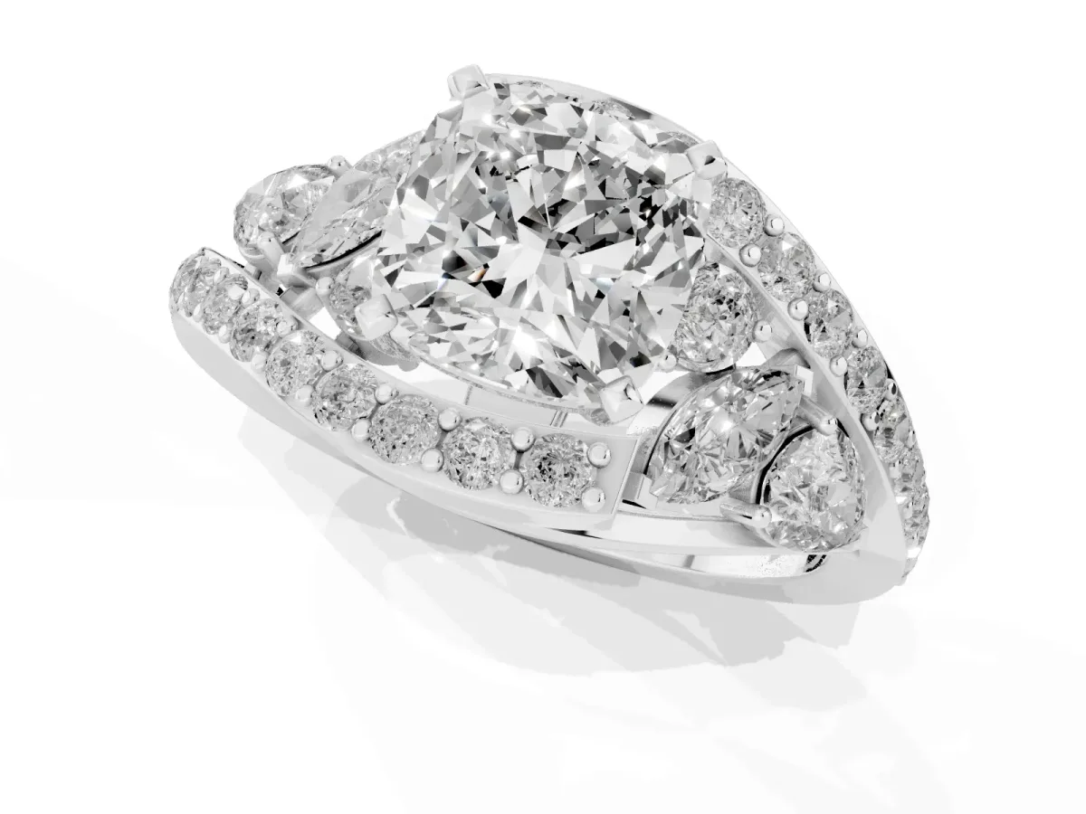 Cushion Cut Diamond Halo Ring with Marquise and Pavé Band in Prong Setting Silver
