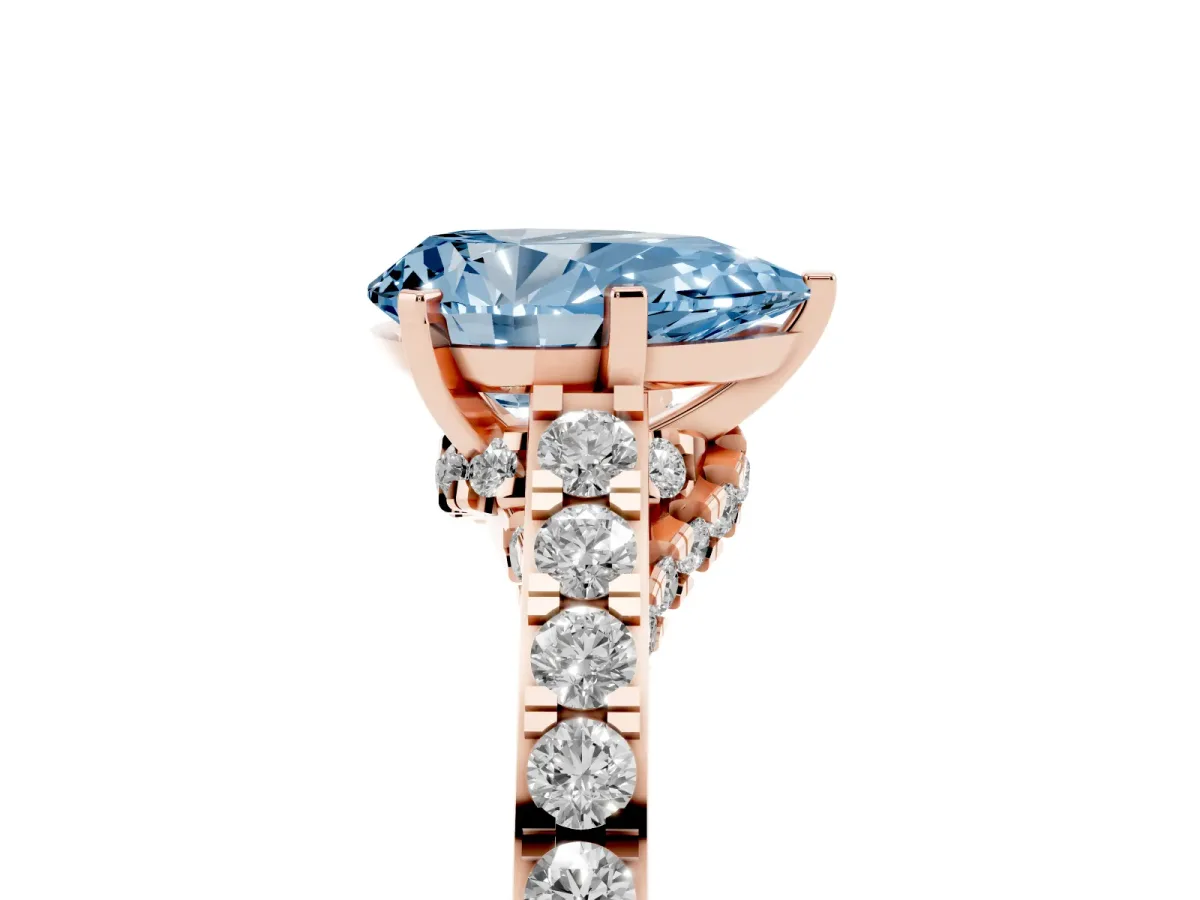 Fancy Blue Pear Cut Diamond Solitaire Ring with Crossover Gallery and Round Pavé Band Rose gold
