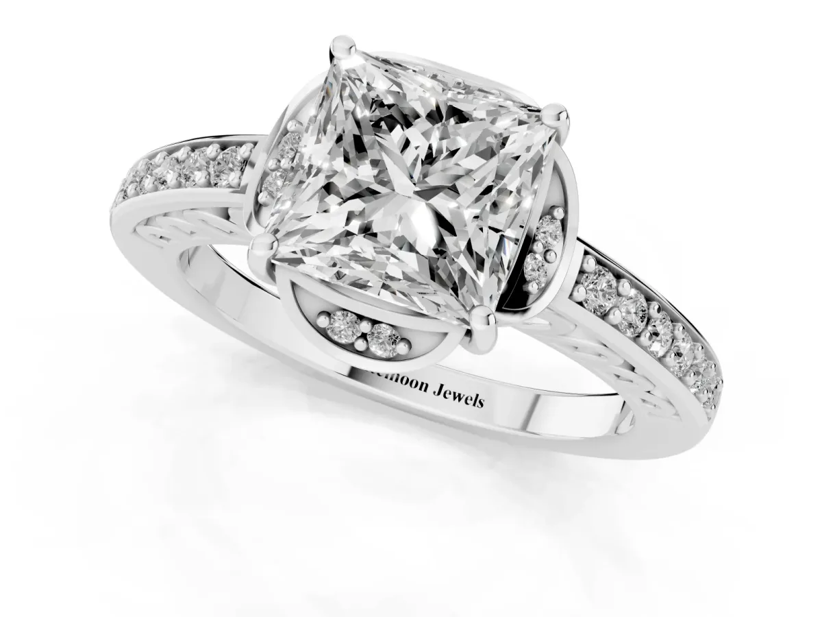 Princess Cut Cut Halo Diamond Ring with Channel Set Band and Four-Prong Setting Platinum