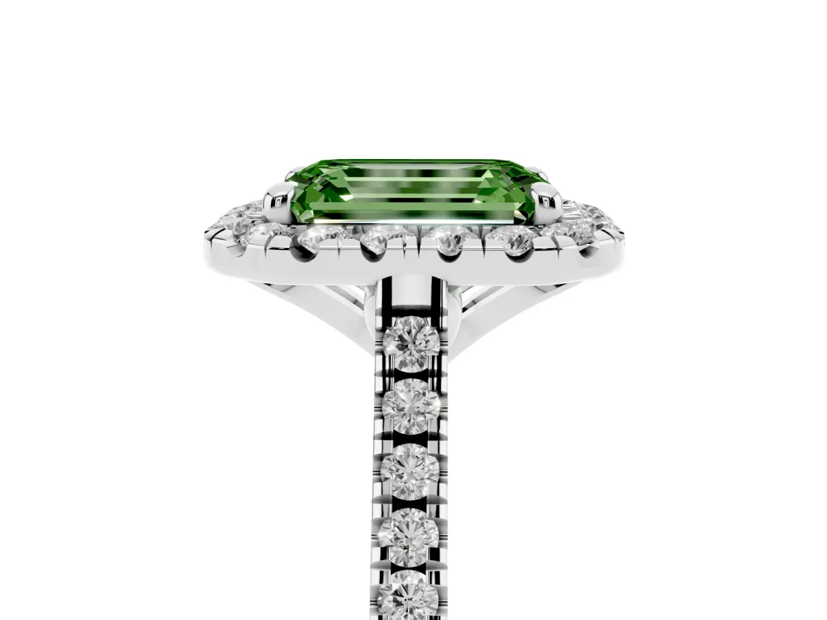 Fancy Green Emerald Cut Diamond Cushion Halo Ring with Pavé Band Silver