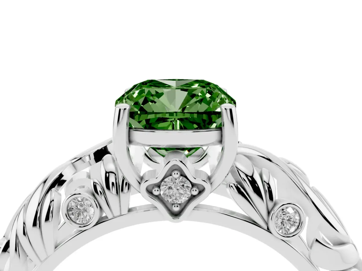 Fancy Green Cushion Cut Solitaire Diamond Leaf-Inspired Vine Band Ring with Prong Setting Platinum