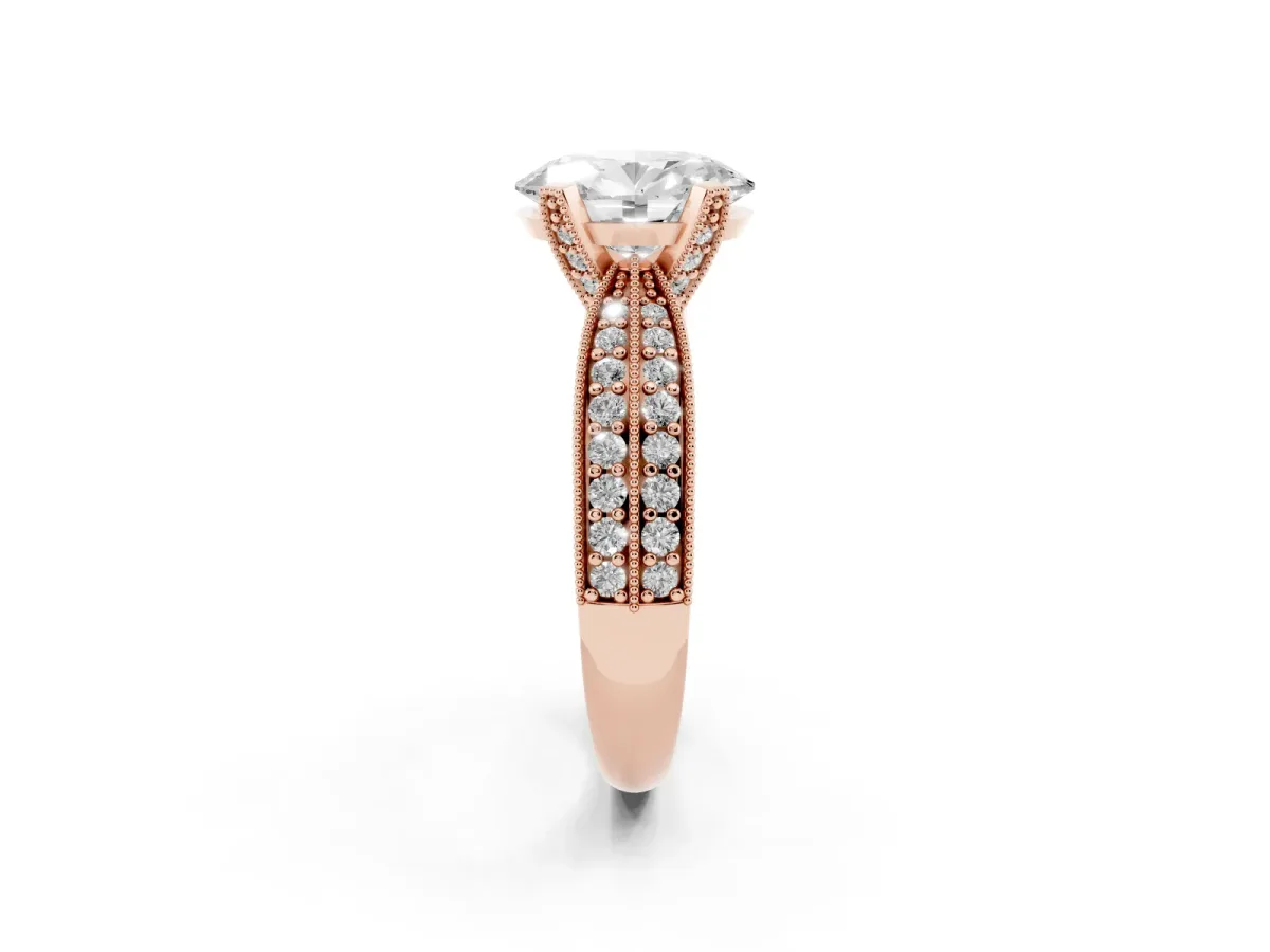 Oval Cut Diamond Solitaire Ring with Milgrain Round Pavé Band and Prong Setting Rose gold