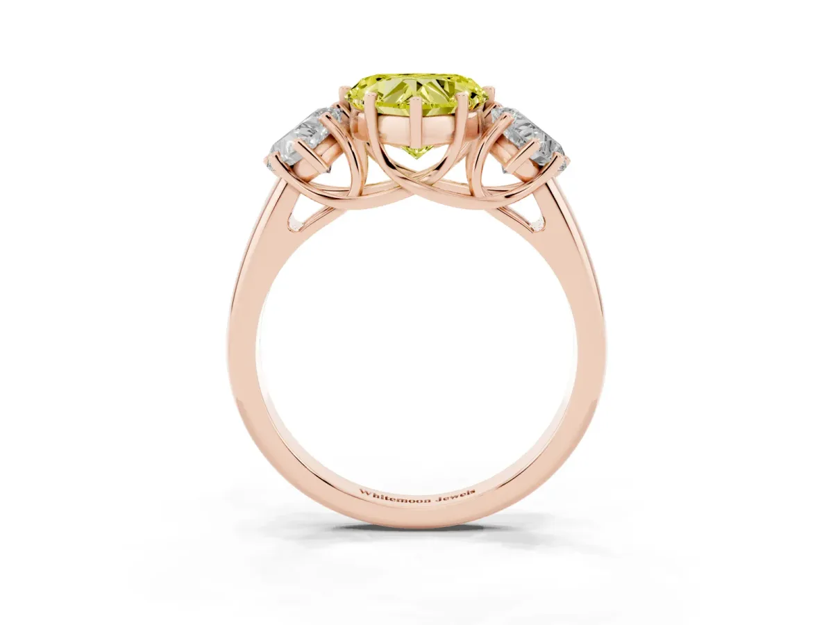 Fancy Yellow Three-Stone Heart Cut Diamond Engagement Ring with Prong Setting Rose gold