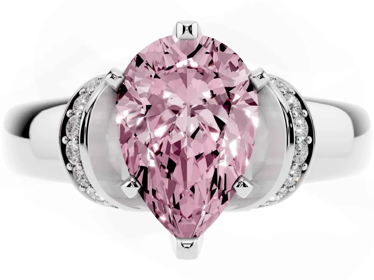 Fancy Pink Pear Cut Solitaire Diamond Ring with Pave Band and Six-Prong Setting Silver
