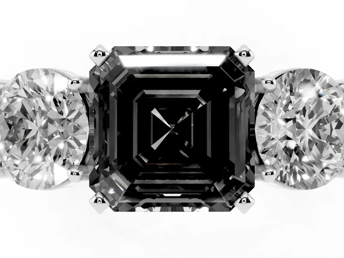 Fancy Black Three-Stone Asscher Cut Diamond Ring with Round Side Stones, Classic Band, and Four-Prong Setting Platinum