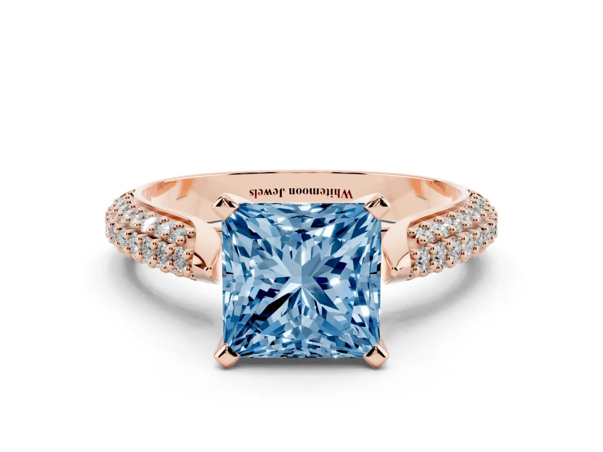 Fancy Blue Princess Cut Diamond Solitaire Engagement Ring with Multi-Row Round Pavé Band and Prong Setting Rose gold
