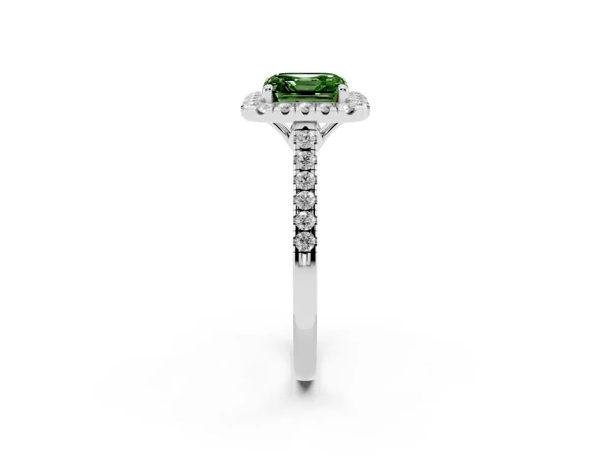 Fancy Green Asscher Cut Halo Pavé Diamond Engagement Ring with Four-Prong Setting Silver
