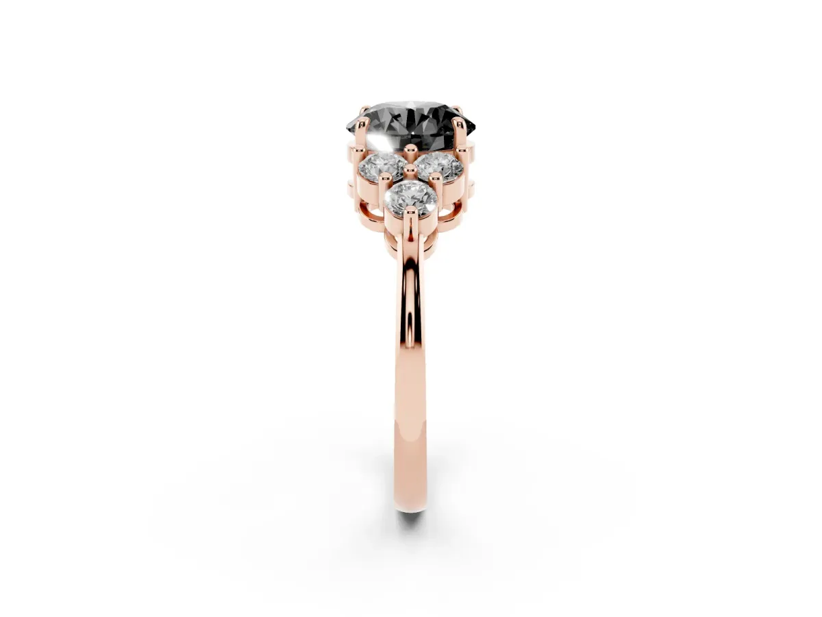 Fancy Black Round Cut Brilliant Diamond Cluster Accent Solitaire Ring with Prong Setting Rose gold