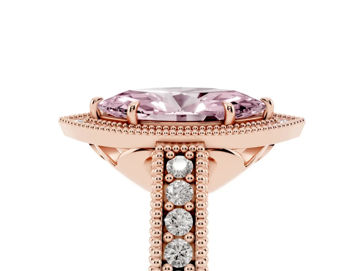 Fancy Pink Marquise Cut Cut Halo Diamond Ring with Pavé Band and Four-Prong Setting Rose gold