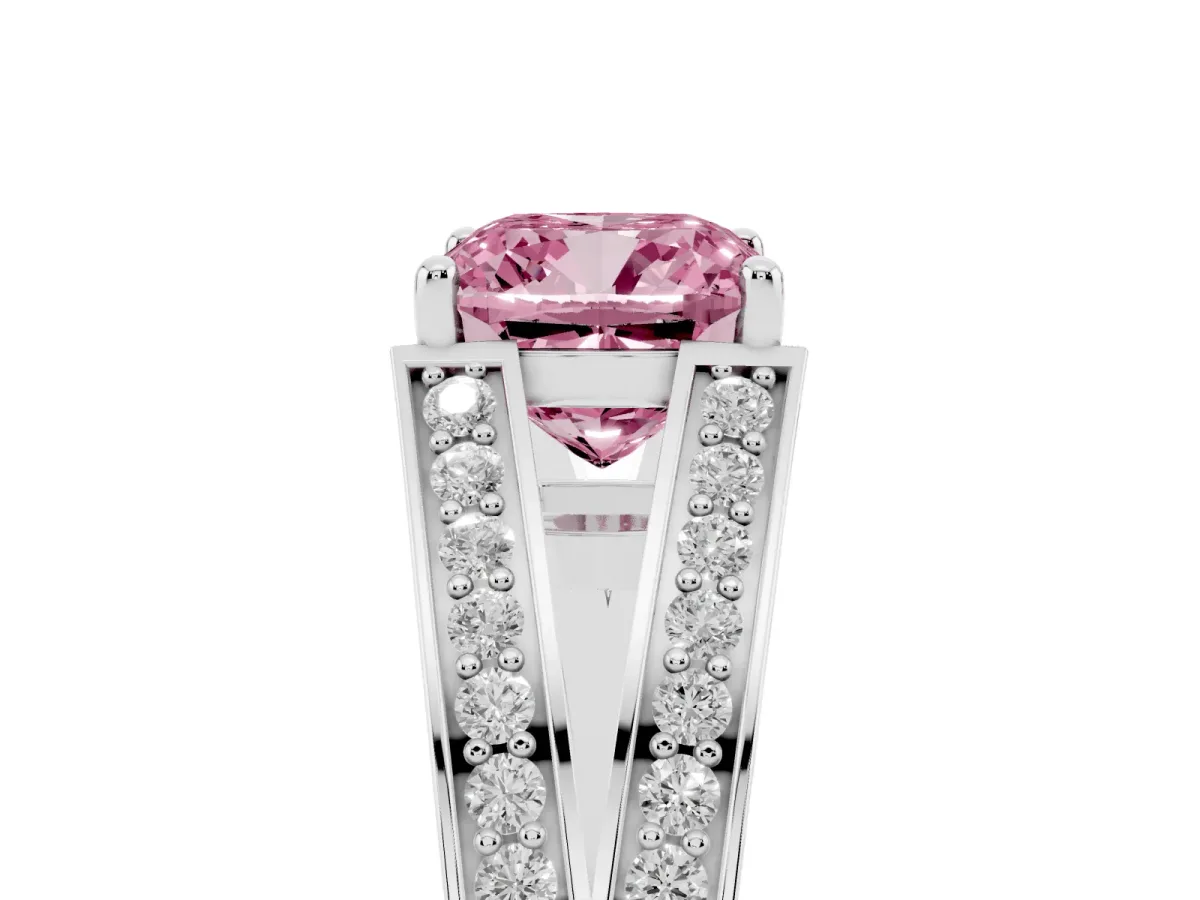 Fancy Pink Cushion Cut Diamond Split Shank Ring with Pavé Band and Four-Prong Setting Silver