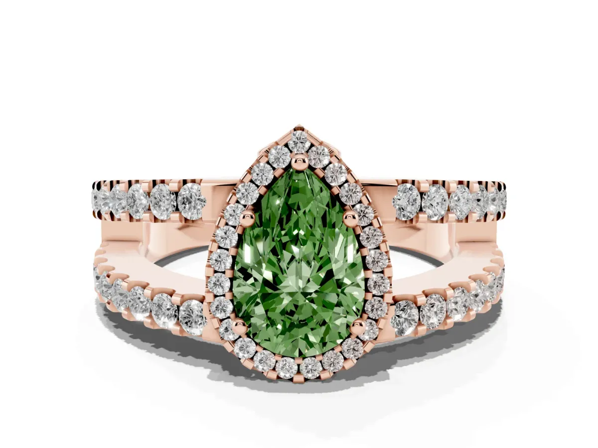 Fancy Green Pear Cut Cut Halo Split Shank Diamond Ring with Four-Prong Setting Rose gold