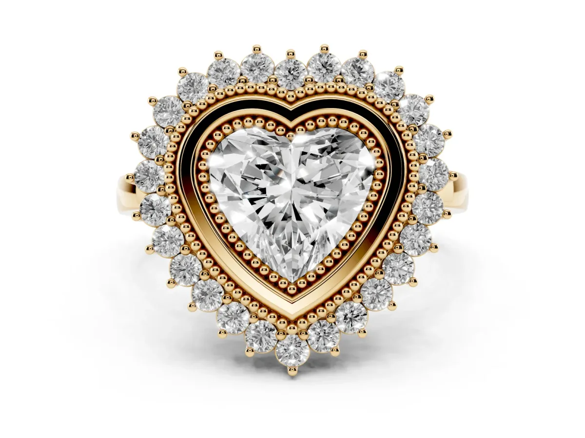Heart Cut Halo Diamond Ring with Milgrain Edge and Round Prong Setting Yellow gold