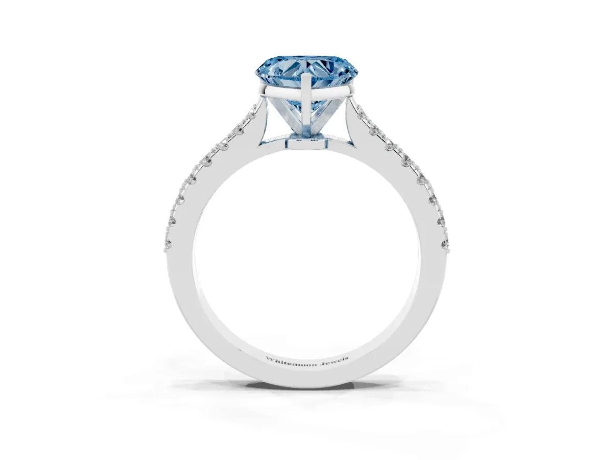 Fancy Blue Heart Cut Cut Solitaire Diamond Engagement Ring with Pave Band and Four-Prong Setting White gold