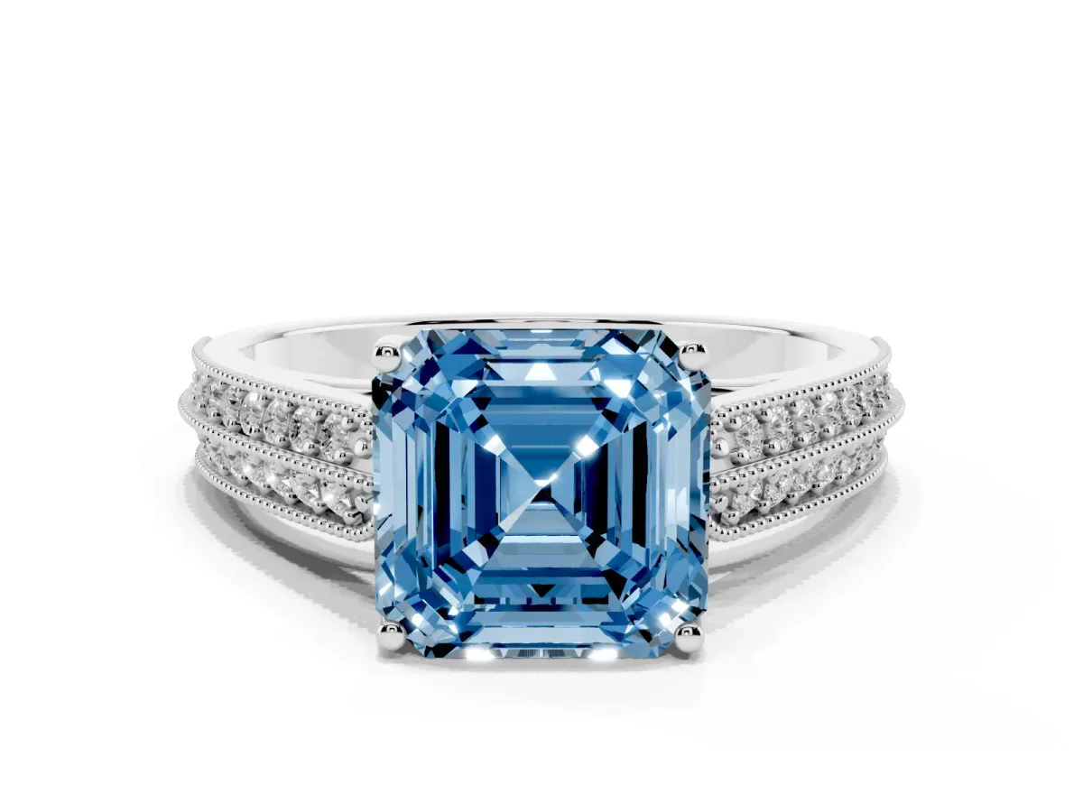 Fancy Blue Asscher Cut Cut Pave Split Shank Engagement Ring with Four-Prong Setting Platinum