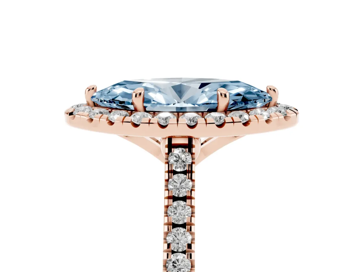 Fancy Blue Marquise Cut Diamond Cushion Halo Ring with Pavé Band Rose gold