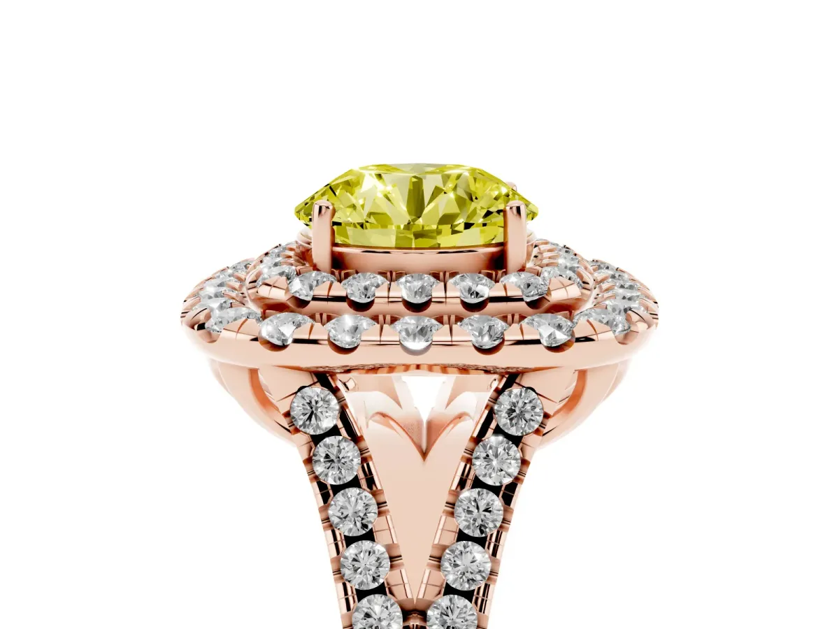Fancy Yellow Double Halo Round Cut Diamond Pavé Split Shank Ring with Prong Setting Rose gold
