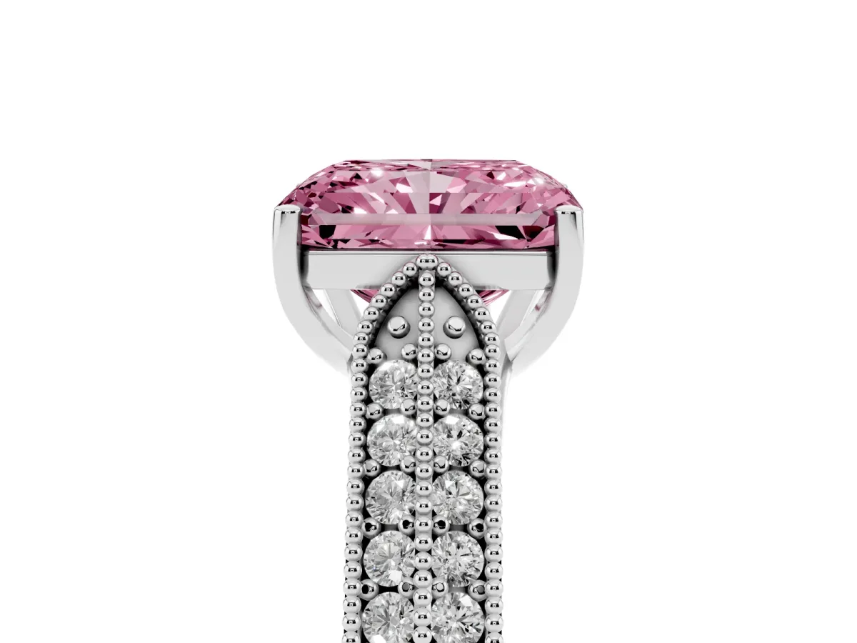 Fancy Pink Radiant Cut Cut Pave Split Shank Engagement Ring with Four-Prong Setting White gold